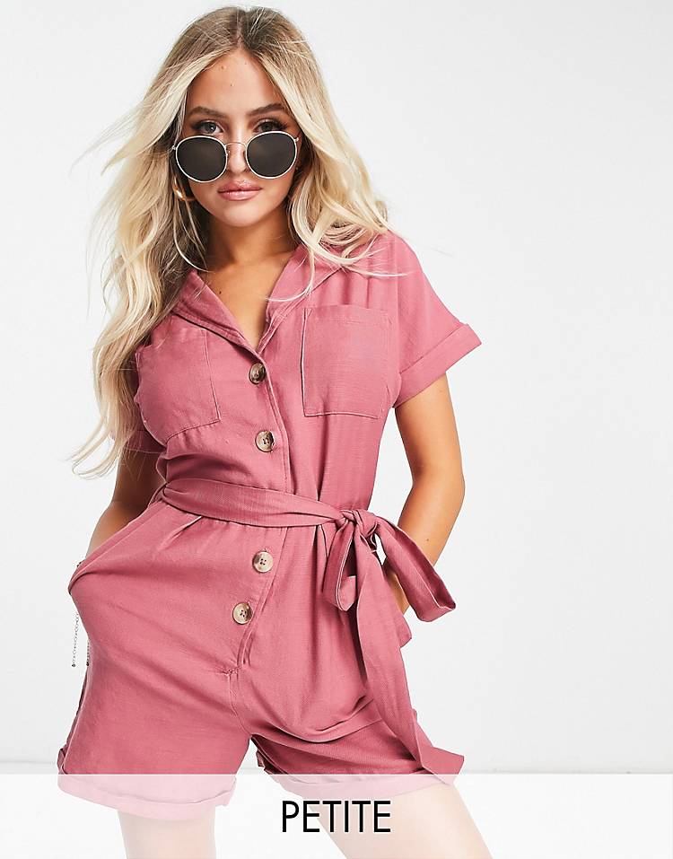 New Look Petite utility tie waist romper in pink